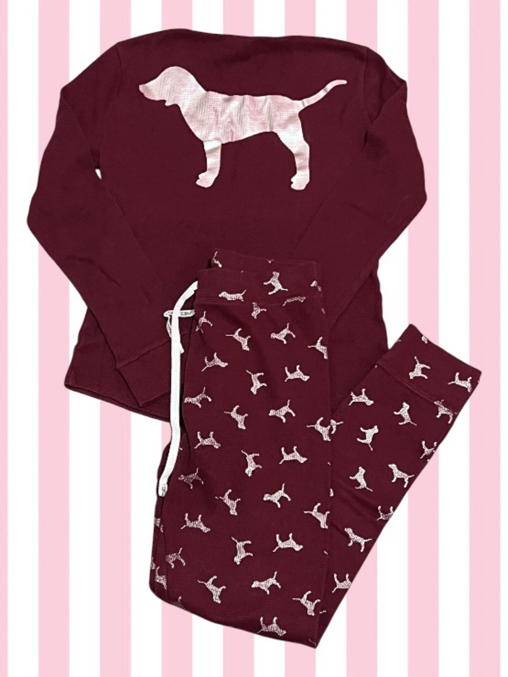 PINK Victoria's Secret Burgundy Pajama Set with White Dog Motif